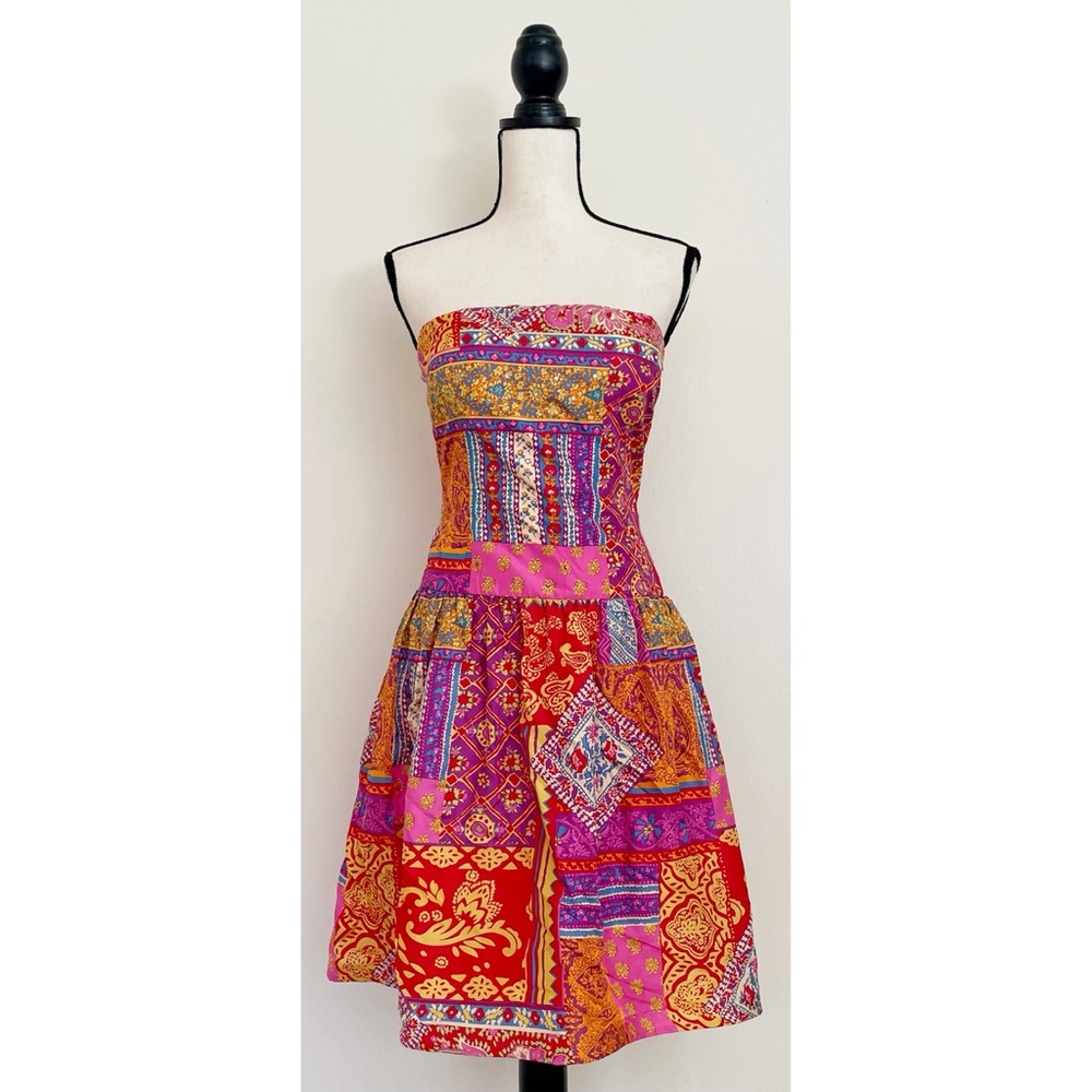 Vintage Y2K Silk Mixed Pattern Strapless Party Dress